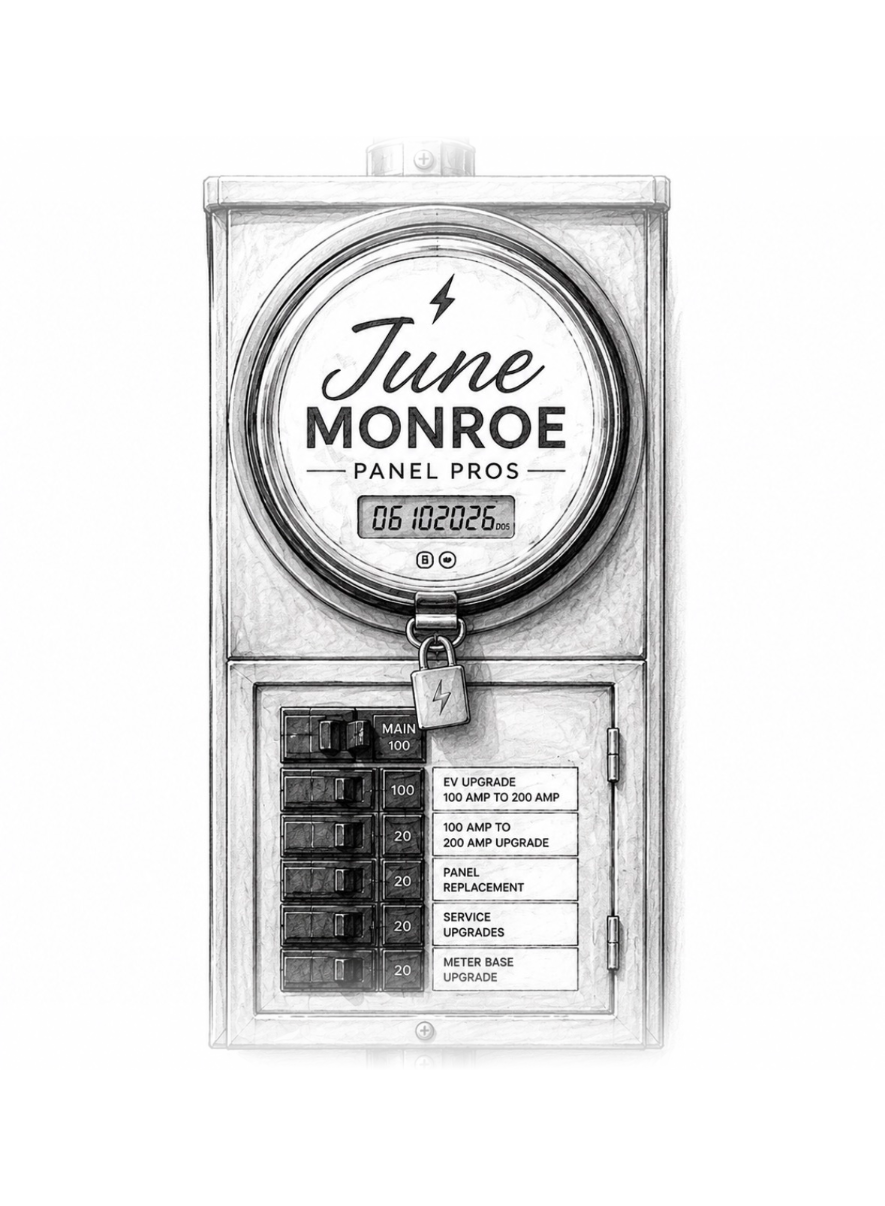 June Monroe Panel Pros — illustrated electric meter and breaker panel listing panel replacement, 100 to 200 amp upgrades and service upgrades